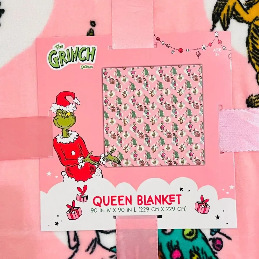 NWT Christmas Dr Seuss Grinch & Max Pink Tree Plush Queen Throw Blanket 90x90